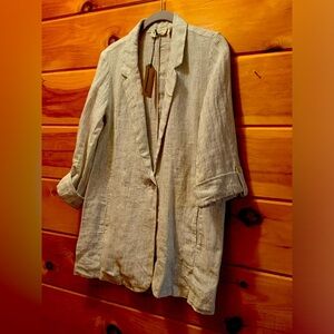 NEW Christian Siriano Jacket White Striped 100% Linen Roll Tab One Button Small